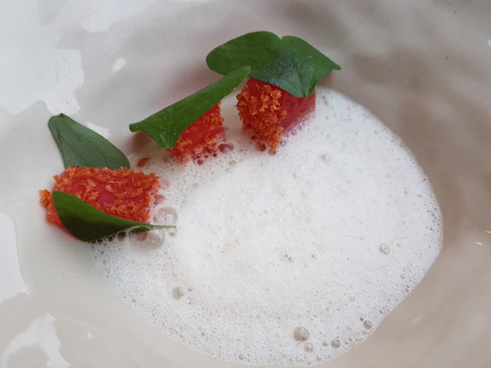Smoked melon with Baccala-foam