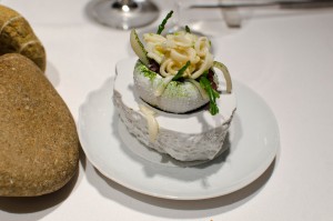 Salad of sea anemone, razor clam, royal cucumber and seaweed in escabèche