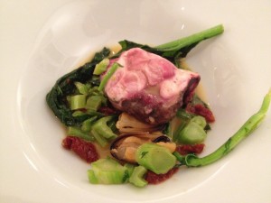 Poached calf brain on mussels and wild broccoli