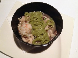 Duck tripe with green tea pasta and shrimpball