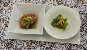 Braised plum tomato with mountain cheese, minutina and blood dock (l) - Crispy risotto loaf with nettle and marinated wild herbs (r)