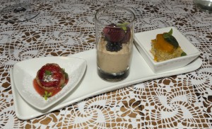 Strawberry fritters with puree and strawberry mint (l) - Caramel foam with berries and lemon verbena (m) - Brown almond cake with stewed apricots and tangerine mint (r)