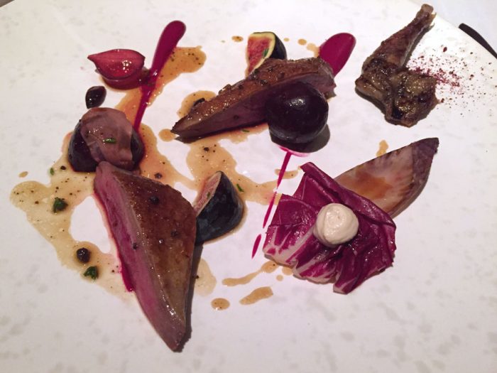 Aged pigeon | Figs, red leaves and vegetables