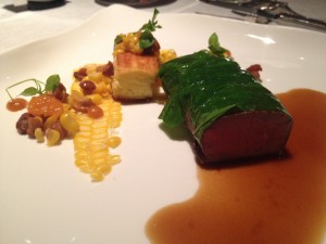 Venison with sweetcorn, chanterelles and apricots